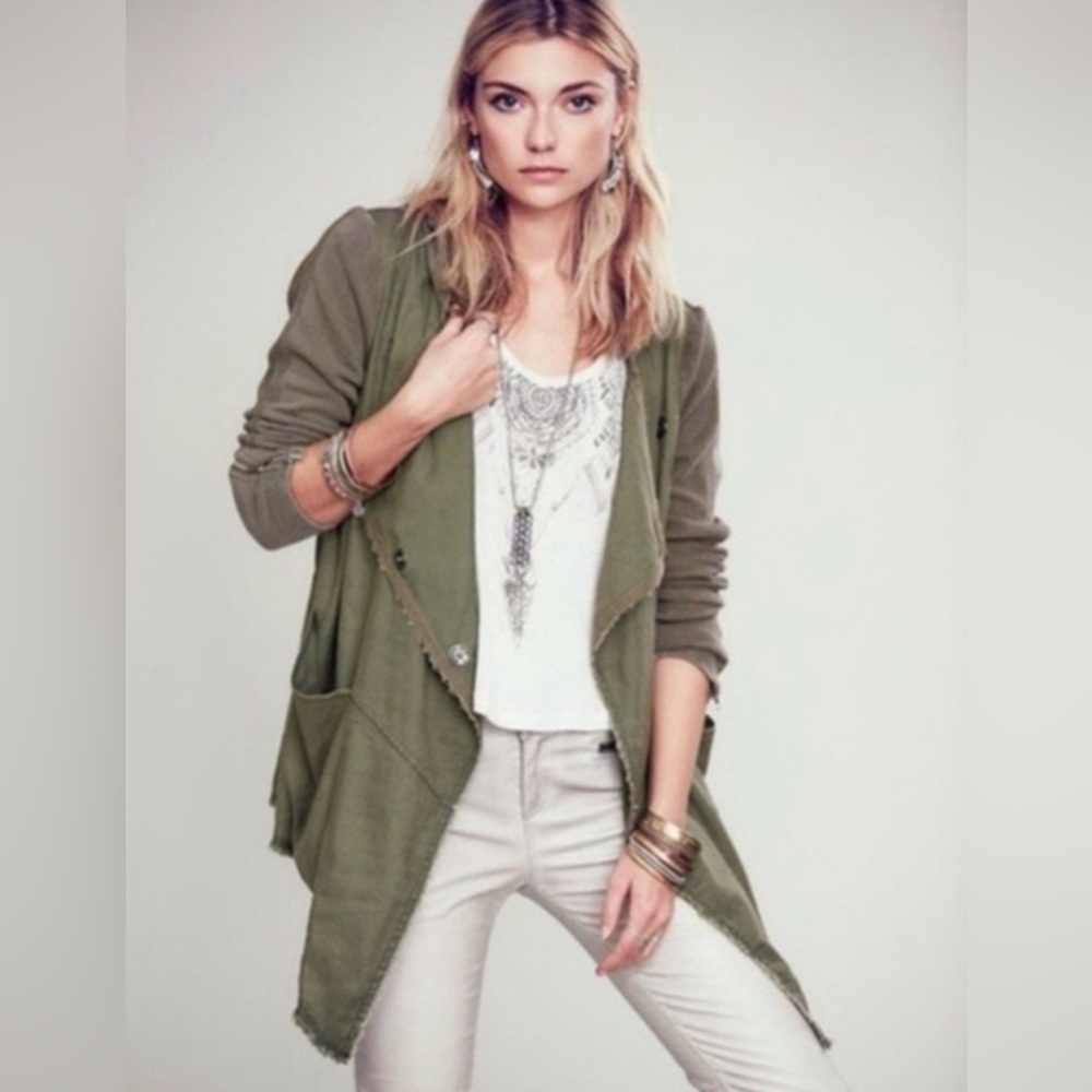 FREE PEOPLE Army Green Drippy Linen Jacket